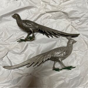 Pair  Of Pheasant Figurines MADE IN ITALY Silver Tone Metal Male Female Birds